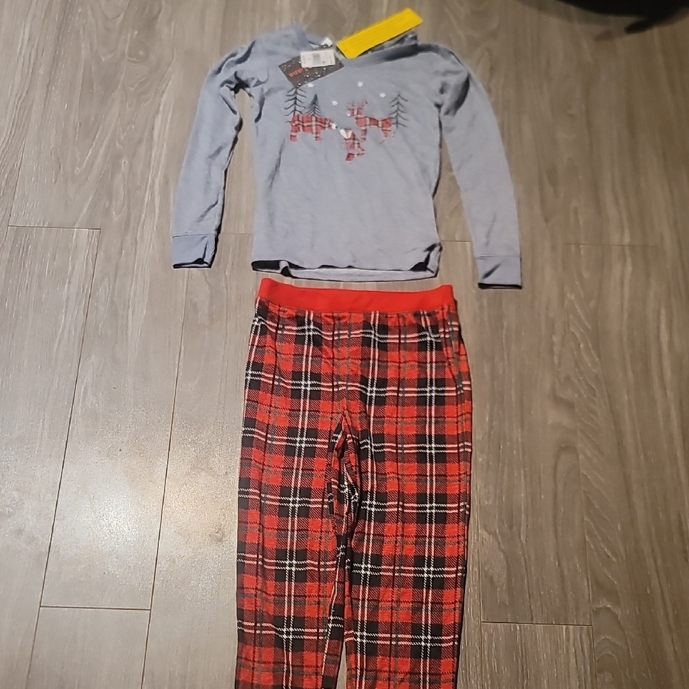 Kids Pajama Set with Reindeer Print and Plaid Pants